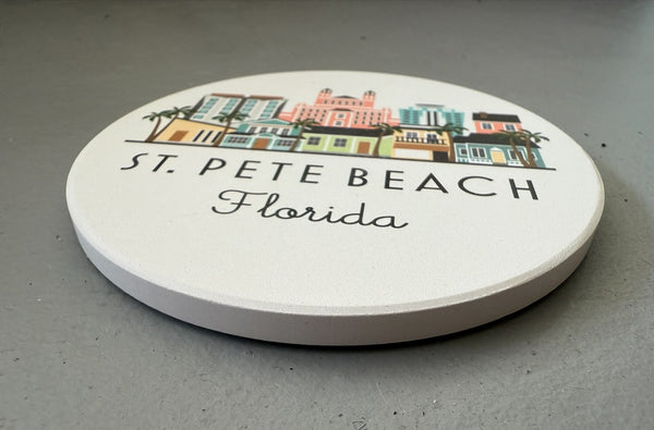 St. Pete Beach Florida Illustrated Skyline Absorbent Flat Ceramic Coaster with Cork Backing