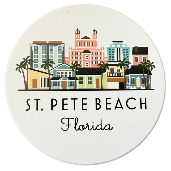 St. Pete Beach Florida Illustrated Skyline Absorbent Flat Ceramic Coaster with Cork Backing