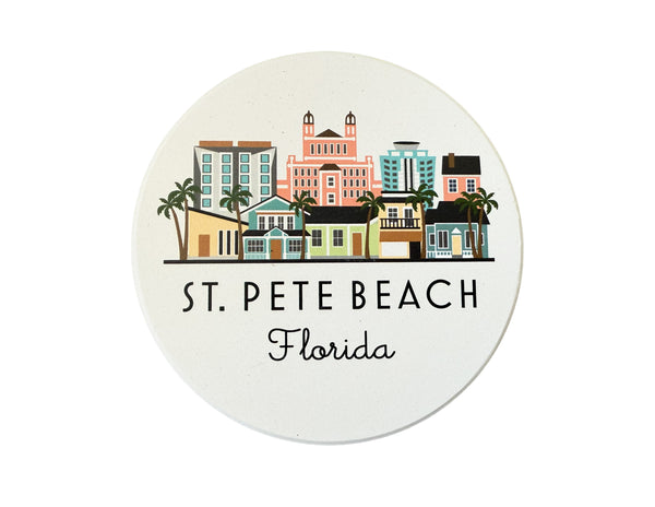 St. Pete Beach Florida Illustrated Skyline Absorbent Flat Ceramic Coaster with Cork Backing