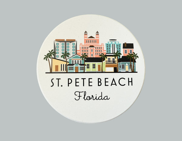 St. Pete Beach Florida Illustrated Skyline Absorbent Flat Ceramic Coaster with Cork Backing