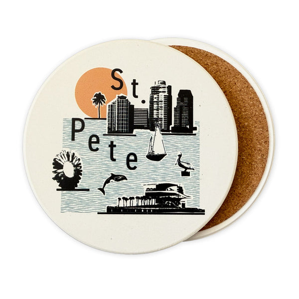 Coaster with St. Pete design featuring skyline and landmarks on a white background