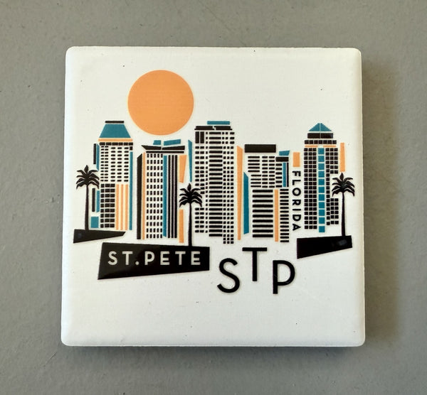 St. Petersburg Florida White Geometric Skyline Ceramic Fridge Magnet