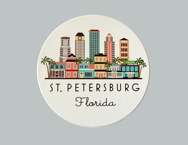 St. Petersburg Florida Illustrated Skyline Absorbent Flat Ceramic Coaster with Cork Backing