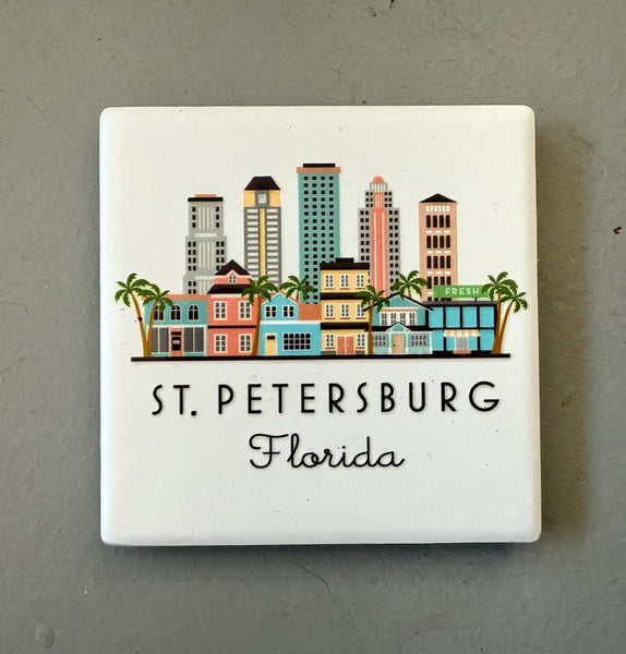 St. Petersburg Florida Illustrated Skyline Ceramic Fridge Magnet