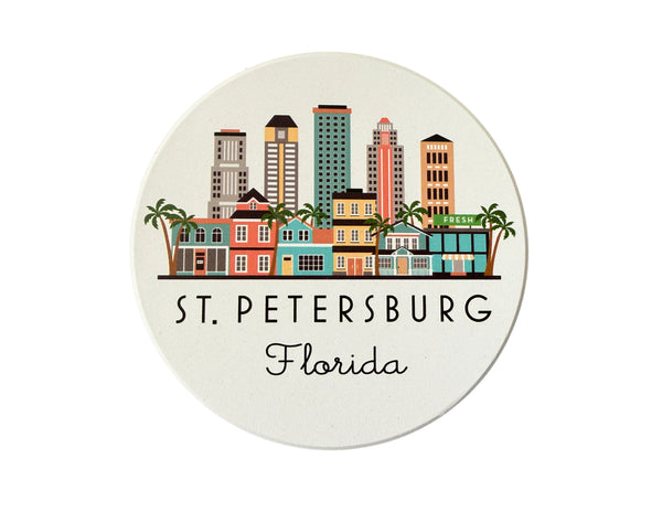 St. Petersburg Florida Illustrated Skyline Absorbent Flat Ceramic Coaster with Cork Backing