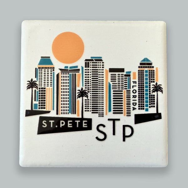 St. Petersburg Florida White Geometric Skyline Ceramic Fridge Magnet