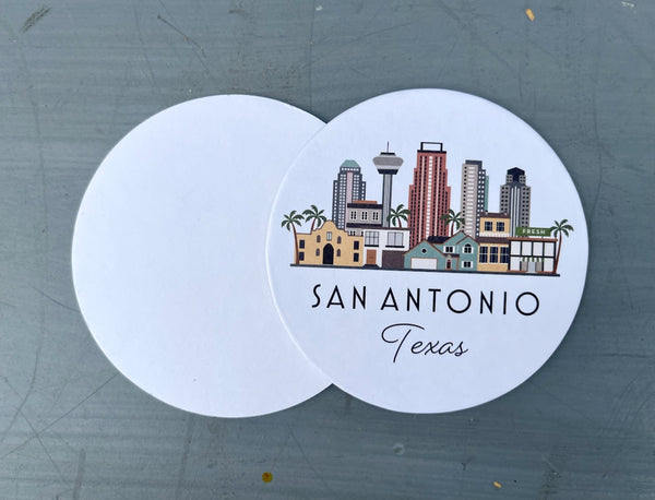 San Antonio Texas Skyline Paper Pulp Board Coasters | Set of 15 With Black Metal Stand | Absorbent Disposable Reusable Party Bar Coasters