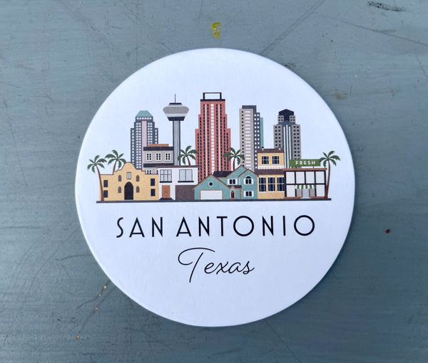 San Antonio Texas Skyline Paper Pulp Board Coasters | Set of 15 With Black Metal Stand | Absorbent Disposable Reusable Party Bar Coasters