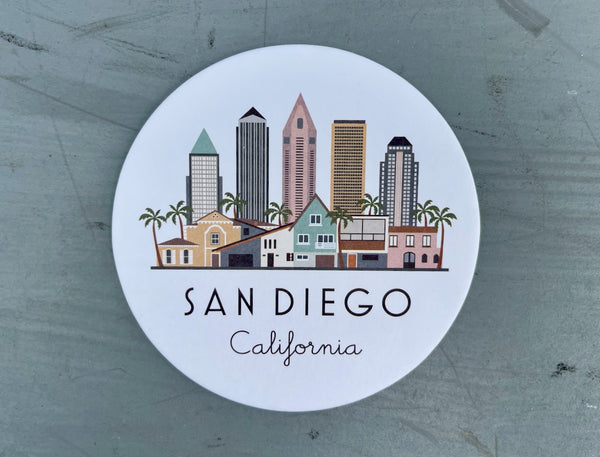 San Diego Skyline Graphic Paper Pulp Board Coasters | Set of 15 With Black Metal Stand | Absorbent Disposable Reusable Party Bar Coasters