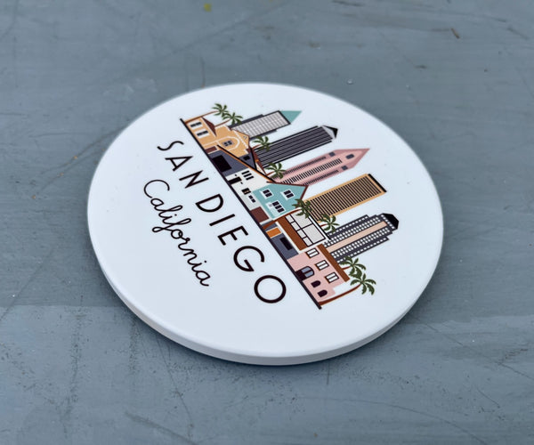 San Diego California Cityscape Skyline Graphic Flat Ceramic Coaster with Cork Backing