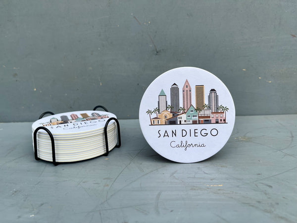 San Diego Skyline Graphic Paper Pulp Board Coasters | Set of 15 With Black Metal Stand | Absorbent Disposable Reusable Party Bar Coasters