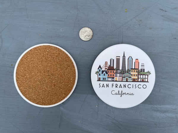 San Franciso California Cityscape Skyline Graphic Flat Ceramic Coaster with Cork Backing