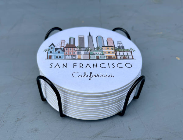 San Francisco Skyline Graphic Paper Pulp Board Coasters | Set of 15 With Black Metal Stand | Absorbent Disposable Reusable Party Bar Coasters
