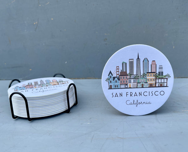 San Francisco Skyline Graphic Paper Pulp Board Coasters | Set of 15 With Black Metal Stand | Absorbent Disposable Reusable Party Bar Coasters