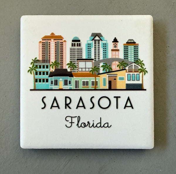 Sarasota Florida Illustrated Skyline Ceramic Fridge Magnet
