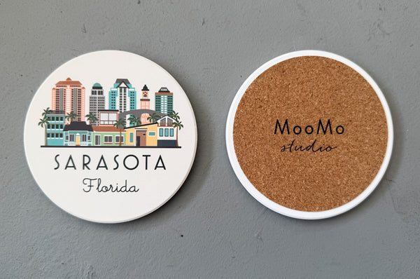 Sarasota Florida Skyline Absorbent Stone Ceramic Coaster with Cork Backing