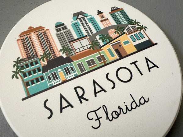 Sarasota Florida Skyline Absorbent Stone Ceramic Coaster with Cork Backing