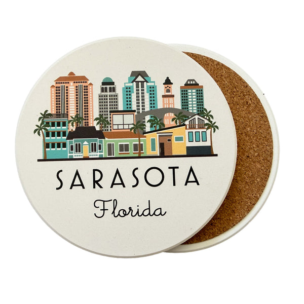 Coaster with Sarasota, Florida skyline design on a white background