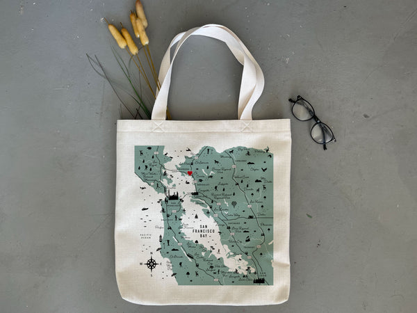 San Francisco Bay Icon Map Tote Bag with Heart Pin | SF Shopping Tote Beach Bag