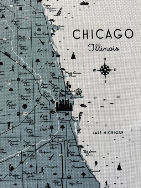 Chicago Illinois Map Fabric Print with Wooden Hanging Frame