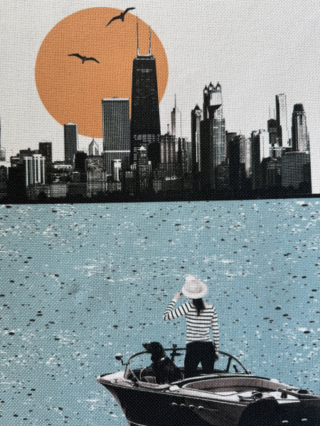 Chicago Illinois Vintage Collage Fabric Print with Wooden Hanging Frame