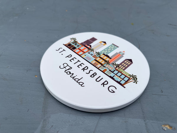 St. Petersburg Florida Cityscape Skyline Graphic Flat Ceramic Coaster with Cork Backing