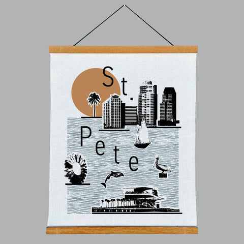 St. Petersburg Florida Vintage Collage Fabric Print with Wooden Hanging Frame | St. Pete Wall Hanging Tapestry Scroll