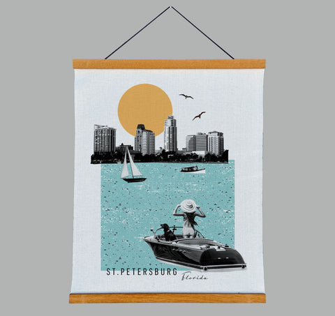 St. Petersburg Florida City Scene Skyline Vintage Collage Fabric Print with Wooden Hanging Frame | St. Pete Wall Hanging Tapestry Scroll