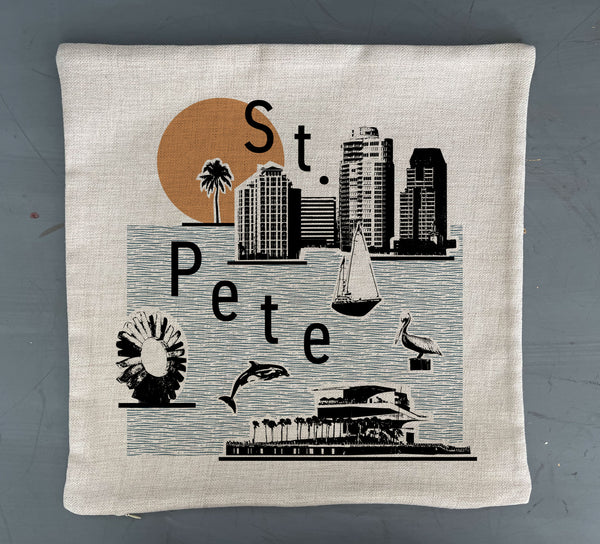 St. Pete Skyline and Icons Pillow Cover |  St. Petersburg Florida Tampa Bay Collage Photo Skyline Decorative Throw Pillow Cushion Sham