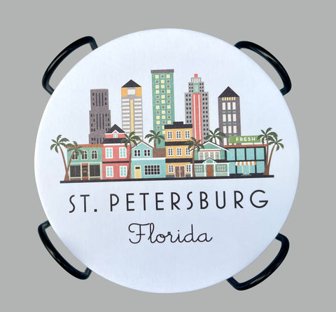 St. Petersburg Florida Skyline Paper Pulp Board Coasters | Set of 15 With Black Metal Stand | Absorbent Disposable Reusable Party Bar Coasters