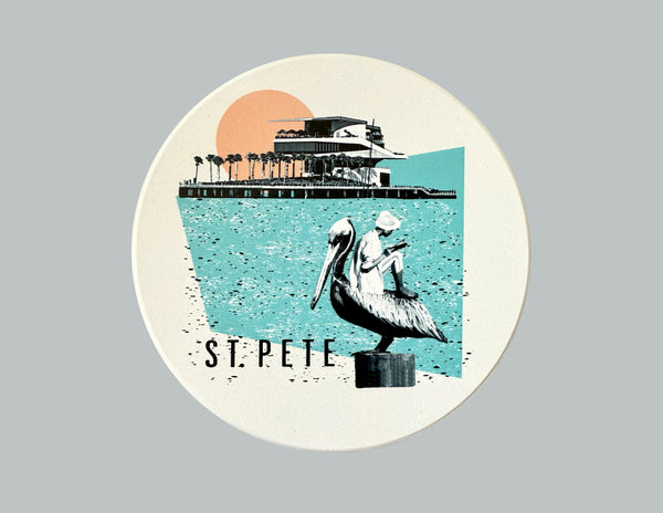 St. Petersburg Florida Collage Pier Absorbent Flat Ceramic Coaster with Cork Backing