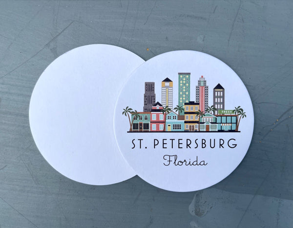 St. Petersburg Florida Skyline Paper Pulp Board Coasters | Set of 15 With Black Metal Stand | Absorbent Disposable Reusable Party Bar Coasters