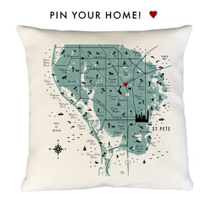 St. Pete Florida Pin-Your-Home Map Pillow Cover | St. Petersburg Icon Decorative Throw Pillow Cushion Sham