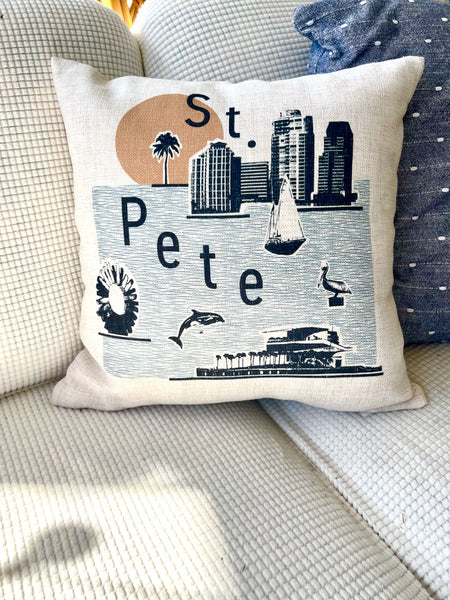 St. Pete Skyline and Icons Pillow Cover |  St. Petersburg Florida Tampa Bay Collage Photo Skyline Decorative Throw Pillow Cushion Sham