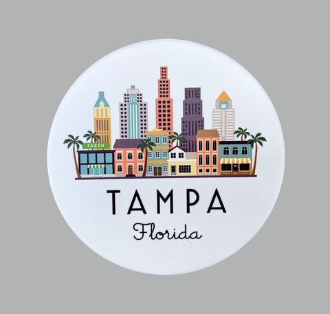 Tampa Florida Cityscape Skyline Graphic Flat Ceramic Coaster with Cork Backing | Coaster Set with Stand