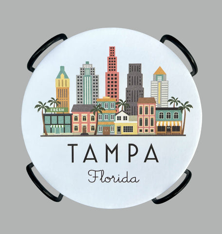 Tampa Florida Skyline Paper Pulp Board Coasters | Set of 15 With Black Metal Stand | Absorbent Disposable Reusable Party Bar Coasters