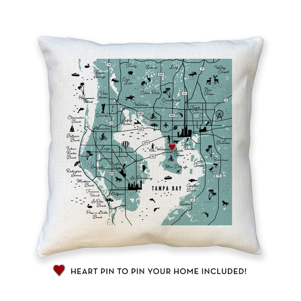 Pillow with a map design of Tampa Bay on a white background