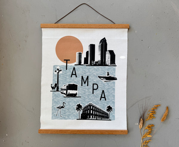 Tampa Florida Vintage Style Collage Fabric Print with Wooden Hanging Frame
