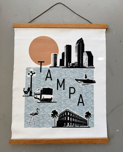 Tampa Florida Vintage Style Collage Fabric Print with Wooden Hanging Frame