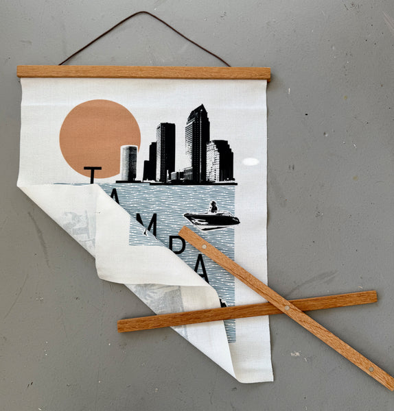 Tampa Florida Vintage Style Collage Fabric Print with Wooden Hanging Frame