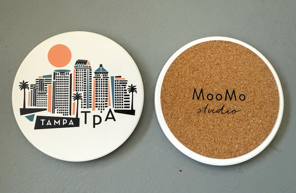 Tampa Florida Geometric Skyline Absorbent Stone Ceramic Coaster with Cork Backing