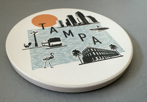 Tampa Florida Collage Skyline Absorbent Stone Ceramic Coaster with Cork Backing