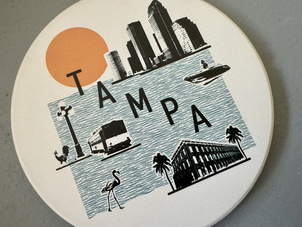 Tampa Florida Collage Skyline Absorbent Stone Ceramic Coaster with Cork Backing