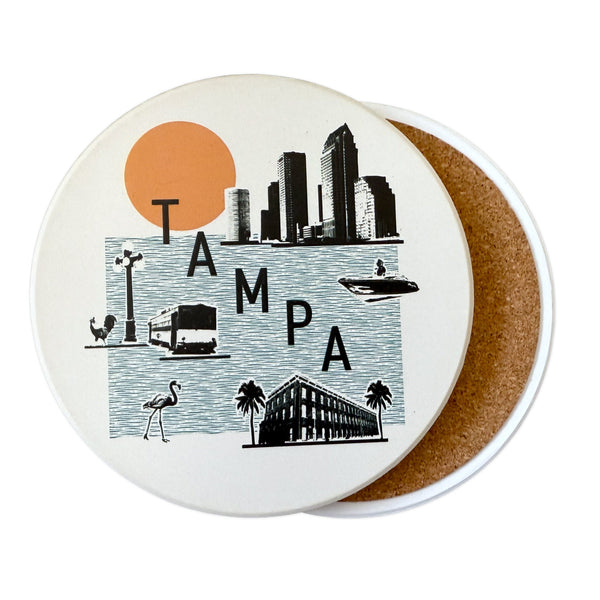 Coaster with Tampa skyline design on a white background