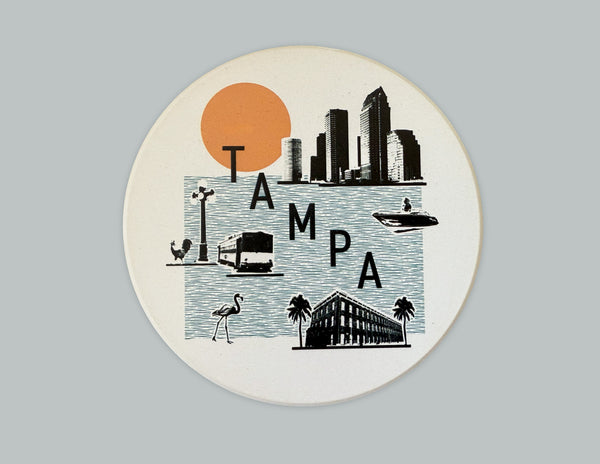 Tampa Florida Collage Skyline Absorbent Stone Ceramic Coaster with Cork Backing