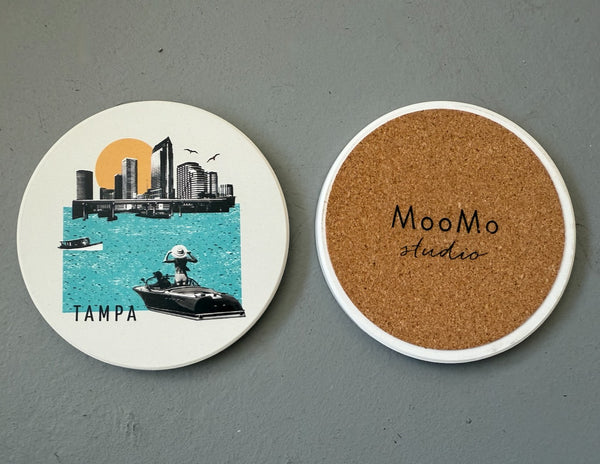 Tampa Florida Collage Skyline Absorbent Flat Ceramic Coaster with Cork Backing