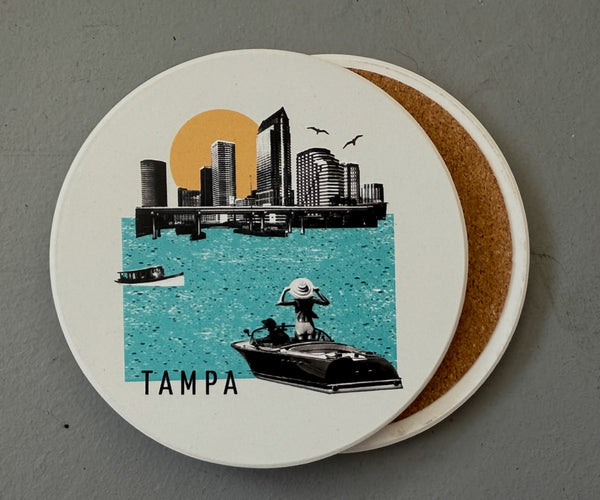 Tampa Florida Collage Skyline Absorbent Flat Ceramic Coaster with Cork Backing