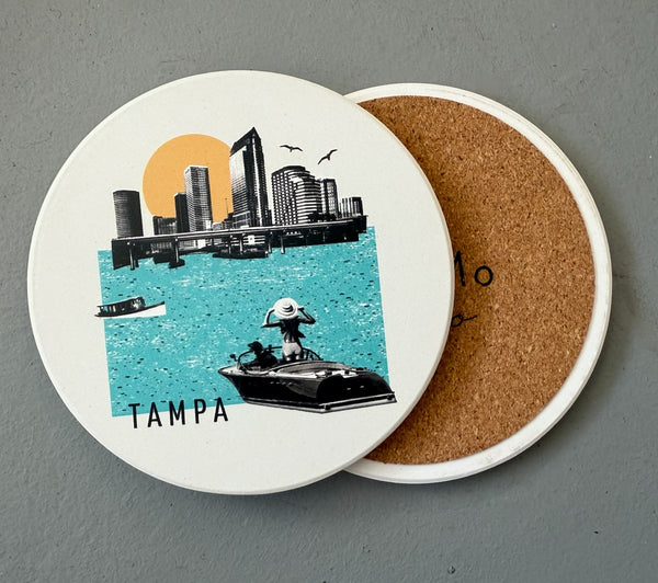 Tampa Florida Collage Skyline Absorbent Flat Ceramic Coaster with Cork Backing