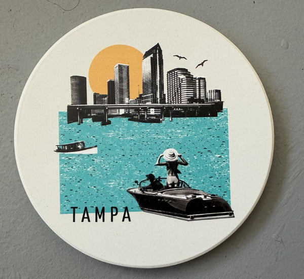 Tampa Florida Collage Skyline Absorbent Flat Ceramic Coaster with Cork Backing