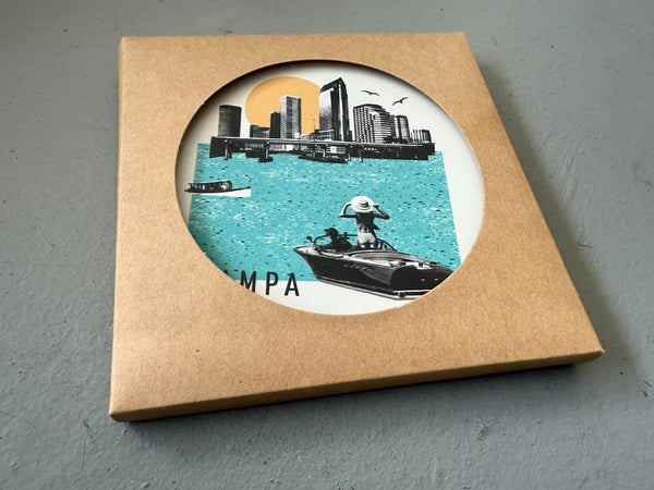 Tampa Florida Collage Skyline Absorbent Flat Ceramic Coaster with Cork Backing